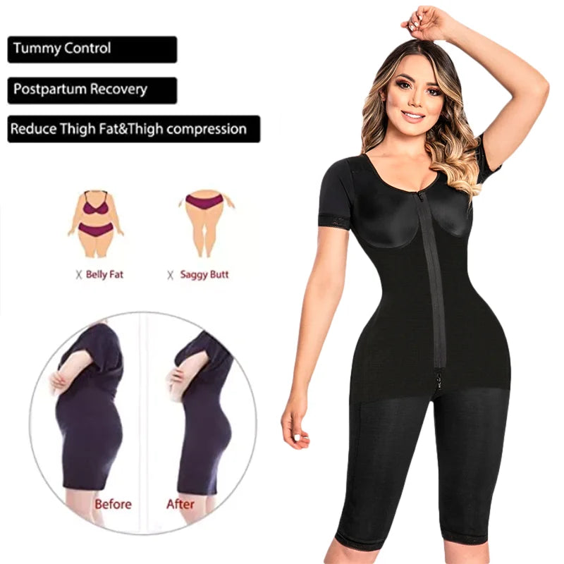 Mujer Full Body Flatten Abdomen Body Shaper With Long Pants Short Sleeves High Waist Slimming Bodysuit Underwear