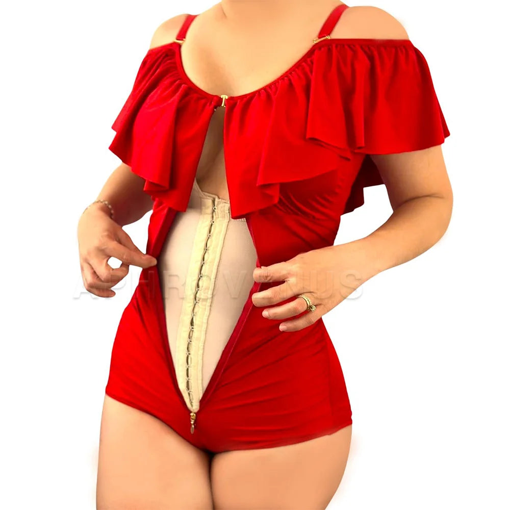 Red Ruffles Tummy Control Triangle Body Hourglass Shaper Compression Shapewear Waist Trainer Hook-eyes Underwear New