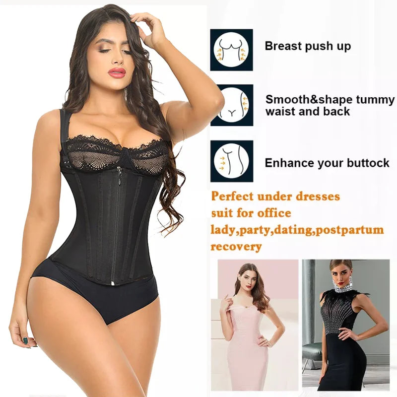 Tummy Control Corset Waist Trainer Vest Breasted Double Compression with Zipper and Hook-eyes Bone Shaping Tank Top