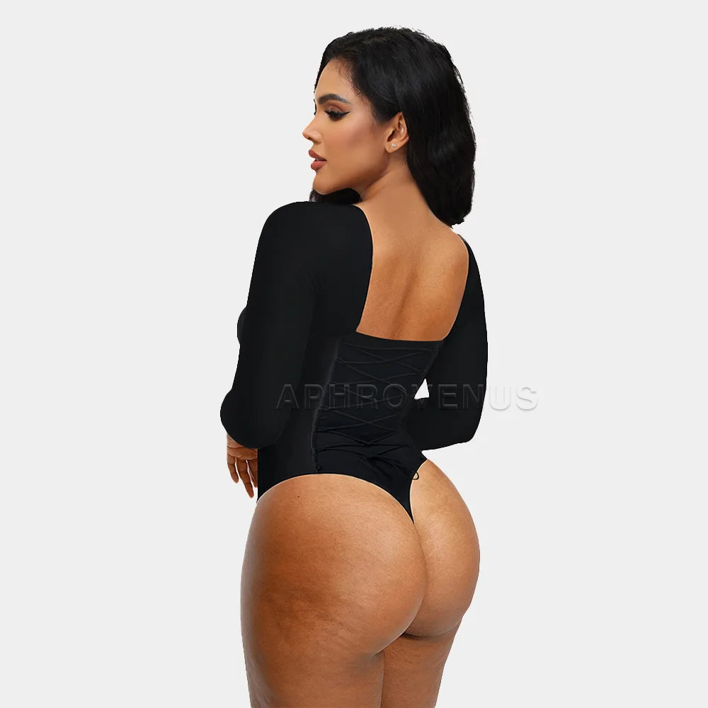 Long Sleeve Back Lace-up Thong Seamless Shapewear High Compression Waist Trainer Slimming Body Shaper Tops