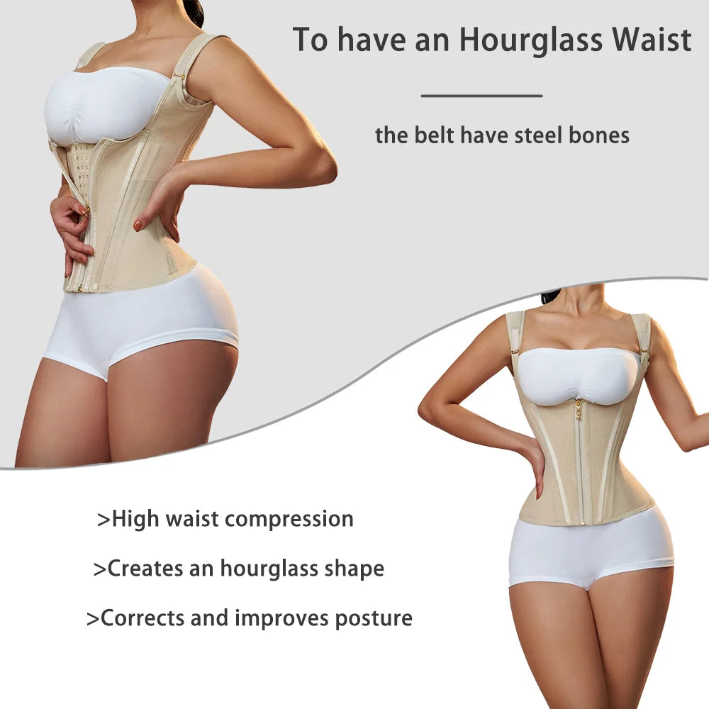 Women Double Compression Waist Trainer Corset with Bone Adjustable Zipper and Hook-eyes Flat Belly Body Shaper