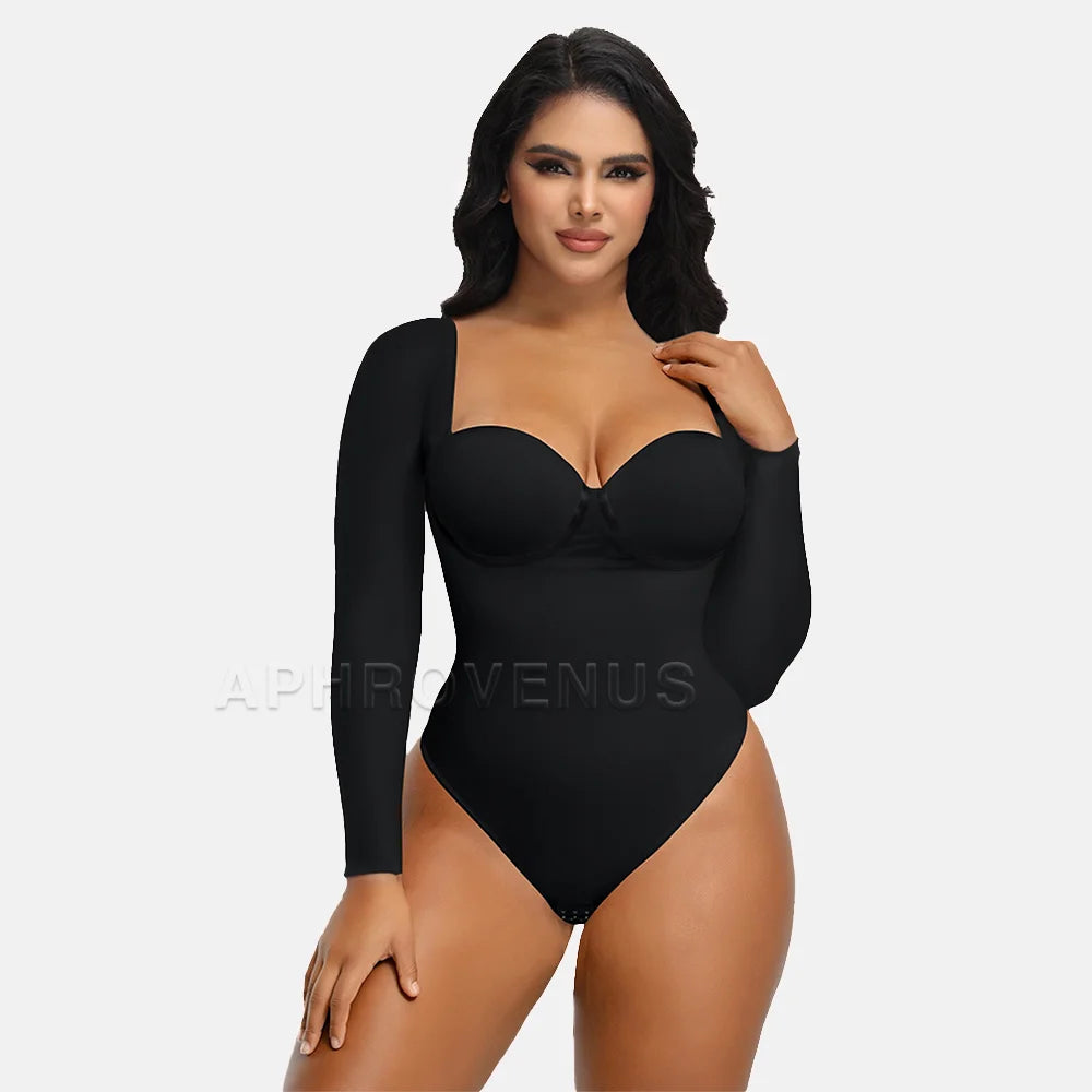 Long Sleeve Back Lace-up Thong Seamless Shapewear High Compression Waist Trainer Slimming Body Shaper Tops