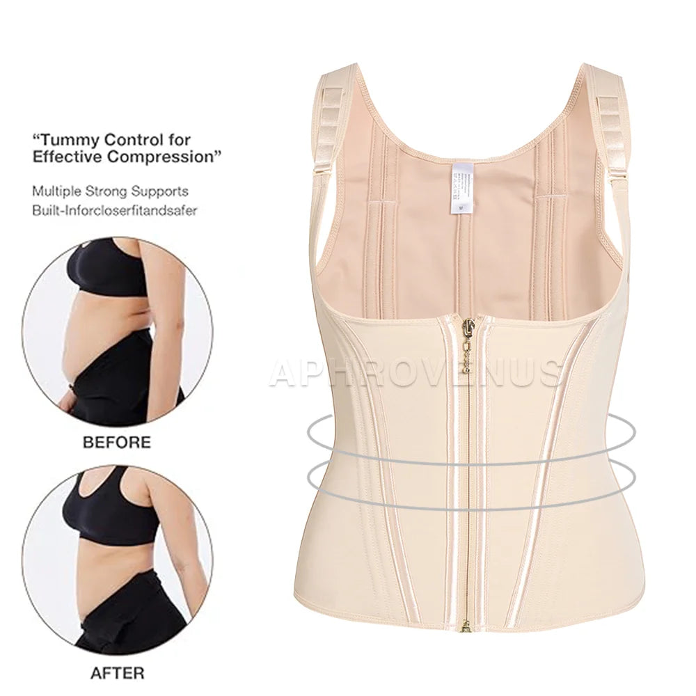Women Double Compression Waist Trainer Corset with Bone Adjustable Zipper and Hook-eyes Flat Belly Body Shaper