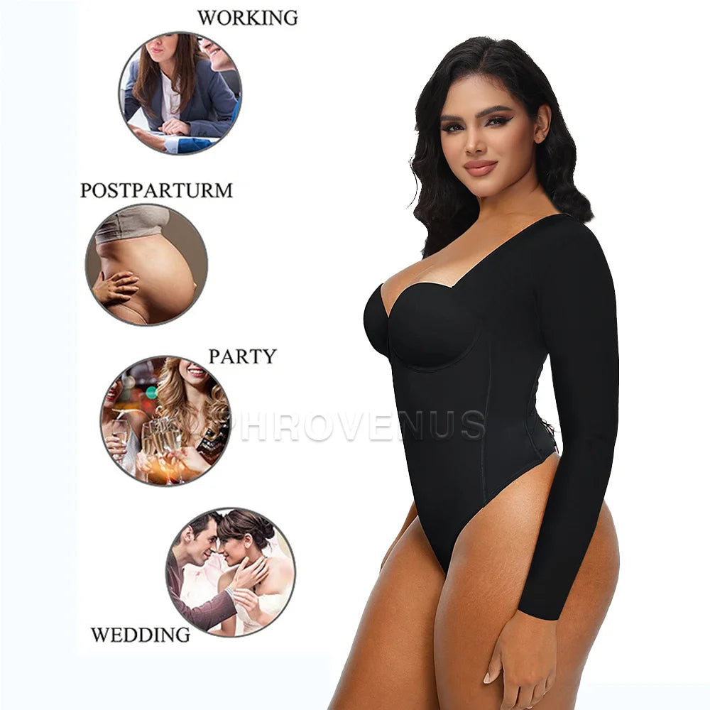 Long Sleeve Back Lace-up Thong Seamless Shapewear High Compression Waist Trainer Slimming Body Shaper Tops