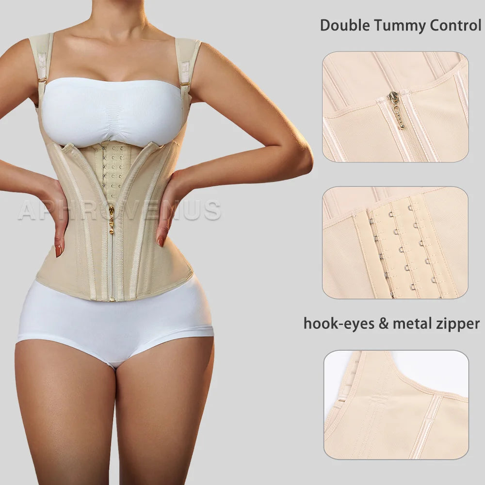 Women Double Compression Waist Trainer Corset with Bone Adjustable Zipper and Hook-eyes Flat Belly Body Shaper