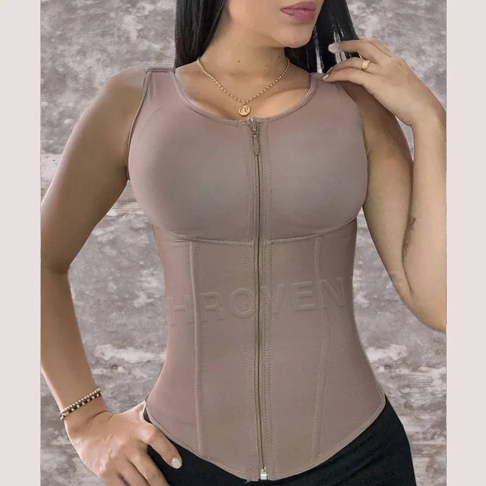 Women Front Zipper and Hook-eyes inside Design Waist Trainer Tops Slimming Shaper Vest Belt Flat Belly Corset
