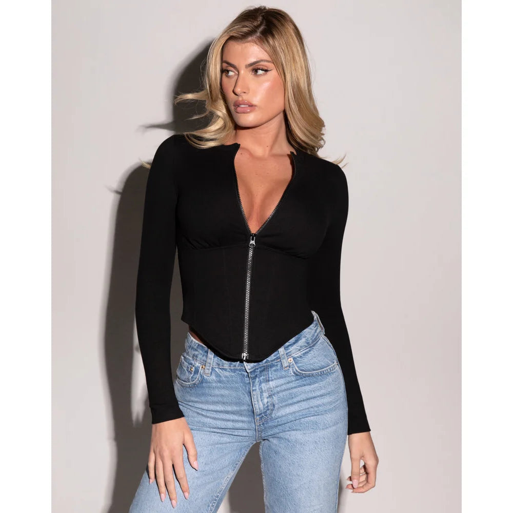 Women Sexy Long Sleeve Corsety Top Body Shaper Tummy Control Clothes Slimming Shaperwear Front Zipper