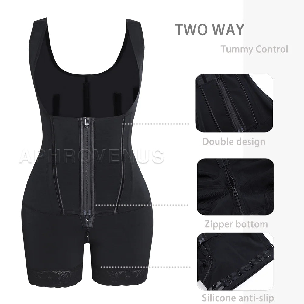 Women Full Body Shaper Double Compression Tummy Control Post Surgery Shapewear Butt Lifter with Zipper Crotch