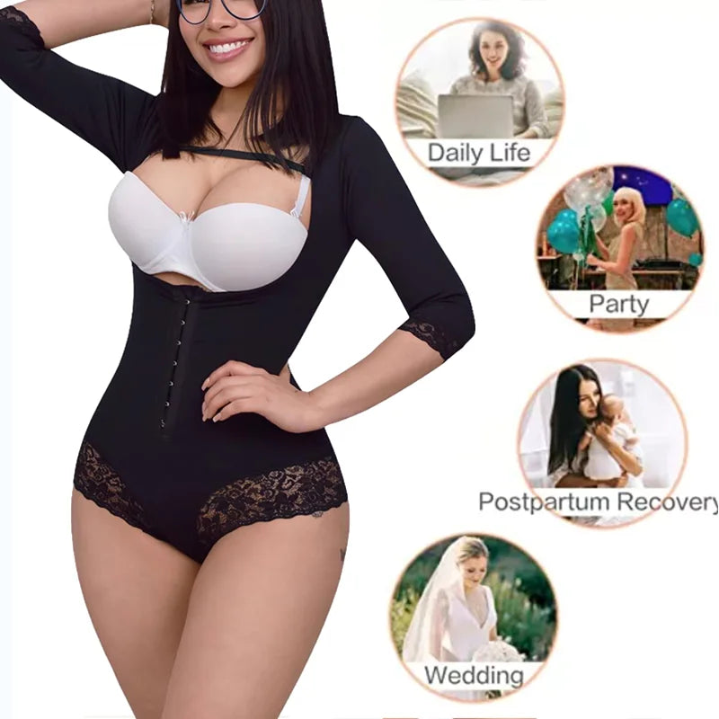 Fajas Women's Compression Garment With Long Sleeves Straps Hook Closure Shapewear Waist Trainer Tummy Control Body Shaper