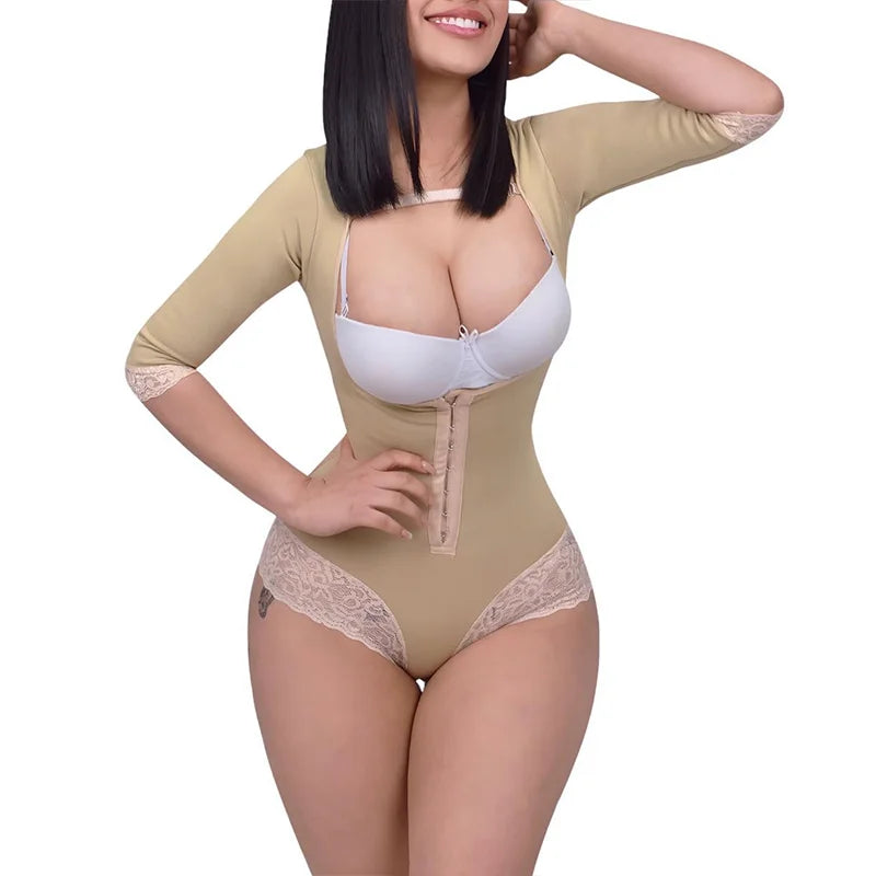 Fajas Women's Compression Garment With Long Sleeves Straps Hook Closure Shapewear Waist Trainer Tummy Control Body Shaper